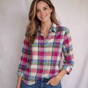 Chaps Plaid Pink Blue Green Oxford 3/4 Sleeves - Medium